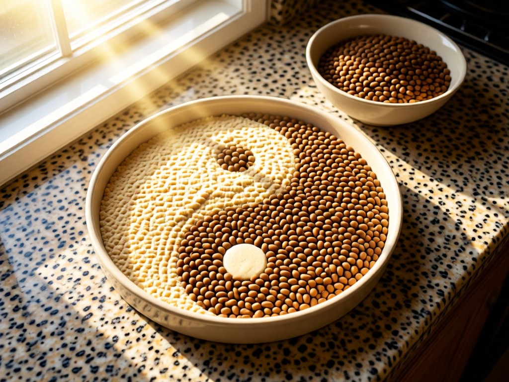 Aerial shot of hand-mixed dry and wet pet foods creating a vibrant yin-yang pattern in ceramic bowls. Sunlight glows through a nearby window, illuminating food textures on a granite counter. Symbolizes balance and completeness. No people or pets.