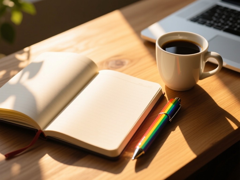 An open notebook with rainbow pen beside coffee cup at golden hour, sunlight streaming across blank pages, soft shadows, warm wood textures, creative workspace atmosphere.
