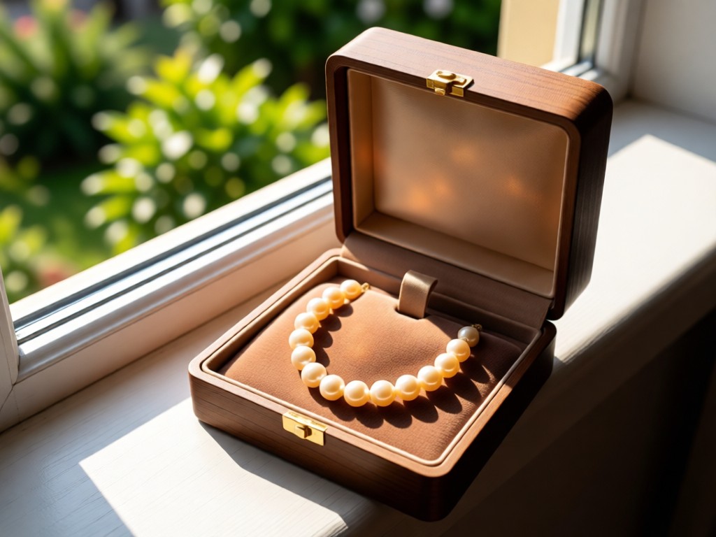 Aerial view of a jewelry box with open lid revealing a pearl necklace on velvet lining. Placed near a sunlit window, the pearls glow with warm reflections. Background features blurred greenery. No people.