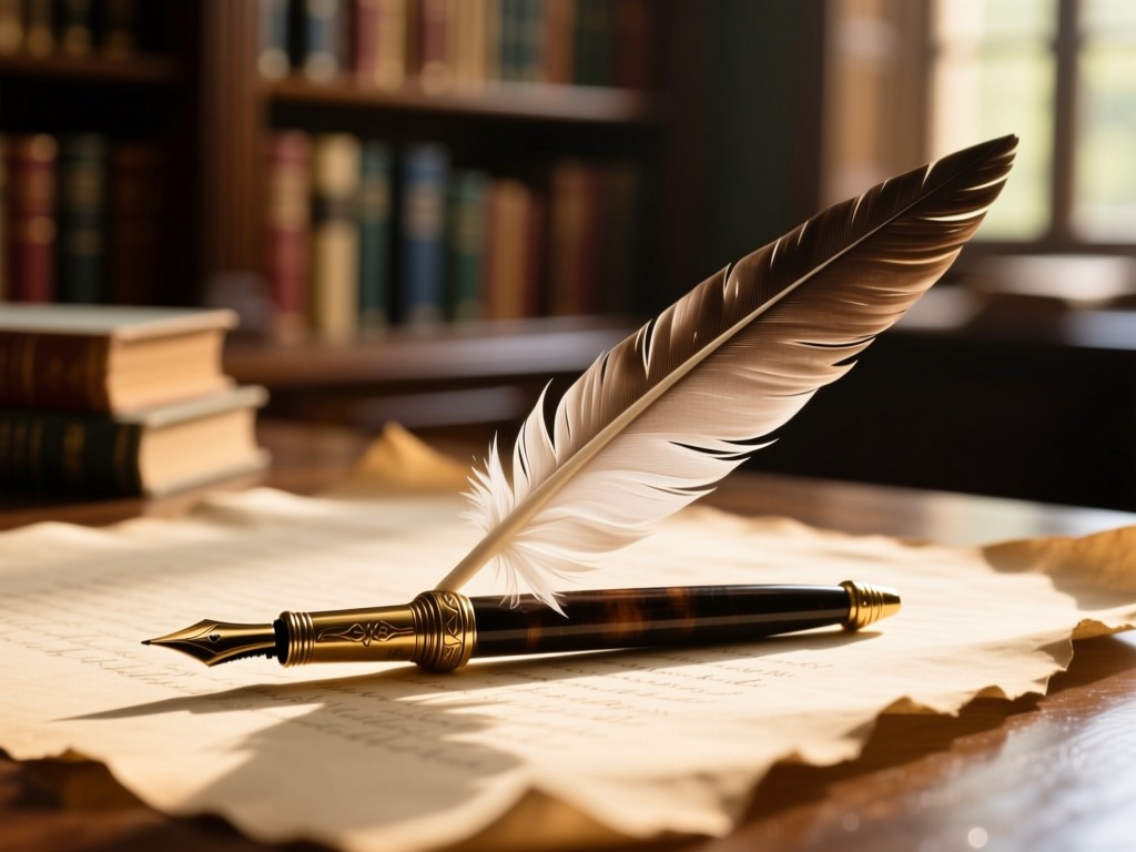 A single antique quill pen lying on crisp parchment paper in a sun-drenched study. Warm light emphasizes the feather texture. Blurred bookshelves in the background. No people.