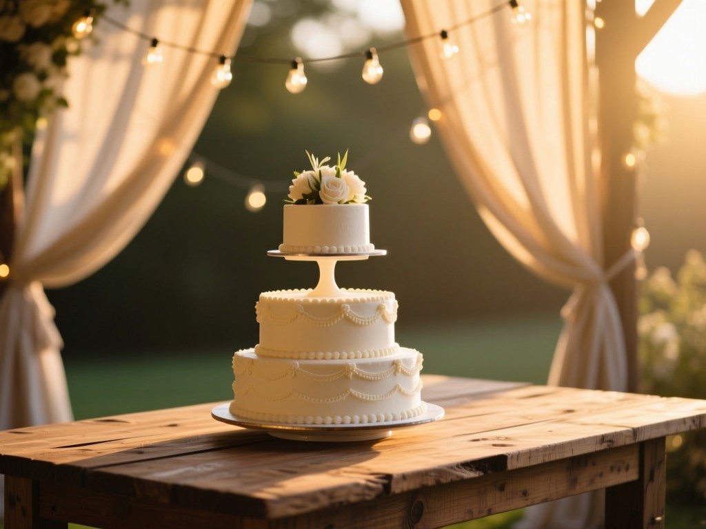 Three tiered wedding cakes on a rustic wooden table, bathed in golden morning light. Soft focus background shows draped linen and hanging string lights. No people.