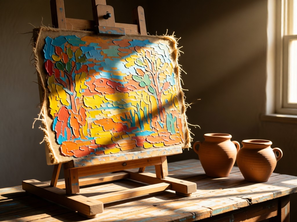 A rustic wooden easel holding a vibrant primitive-style canvas. Sunlight streams across textured paint and raw canvas edges. Simple clay pots sit nearby on a weathered table. Focus on organic materials. No people.