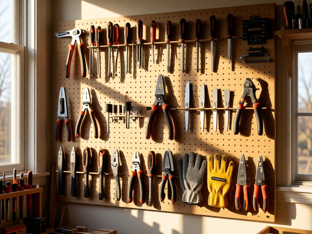 Neatly arranged Toro hand tools on a pegboard: trimmers, edgers, and gloves. Soft shadows cast by late afternoon sun through workshop windows. Clean, organized aesthetic. No people.