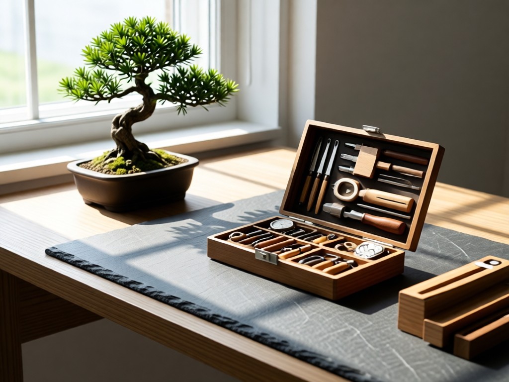 A minimalist desk with opened watch toolkit beside a bonsai. Natural light highlights tools against slate surface. Focus on craftsmanship. No people.