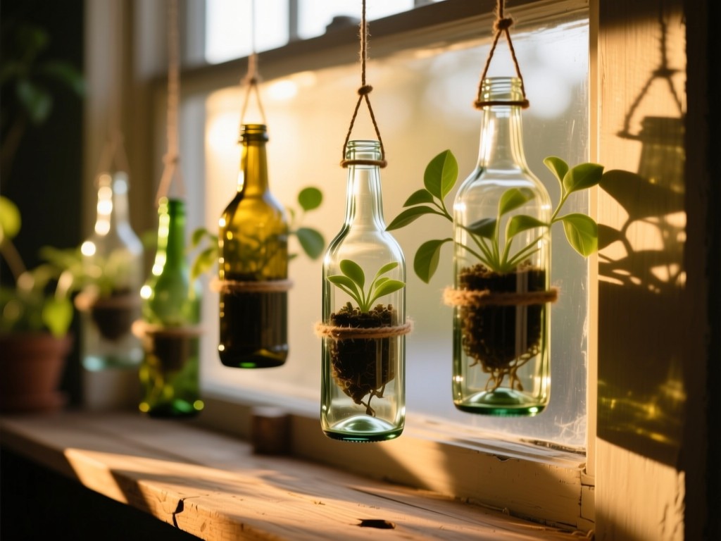 Close-up of repurposed glass bottles transformed into hanging planters on a sunlit windowsill during golden hour, soft shadows casting on a wooden surface, shallow depth of field, warm natural lighting, no people.