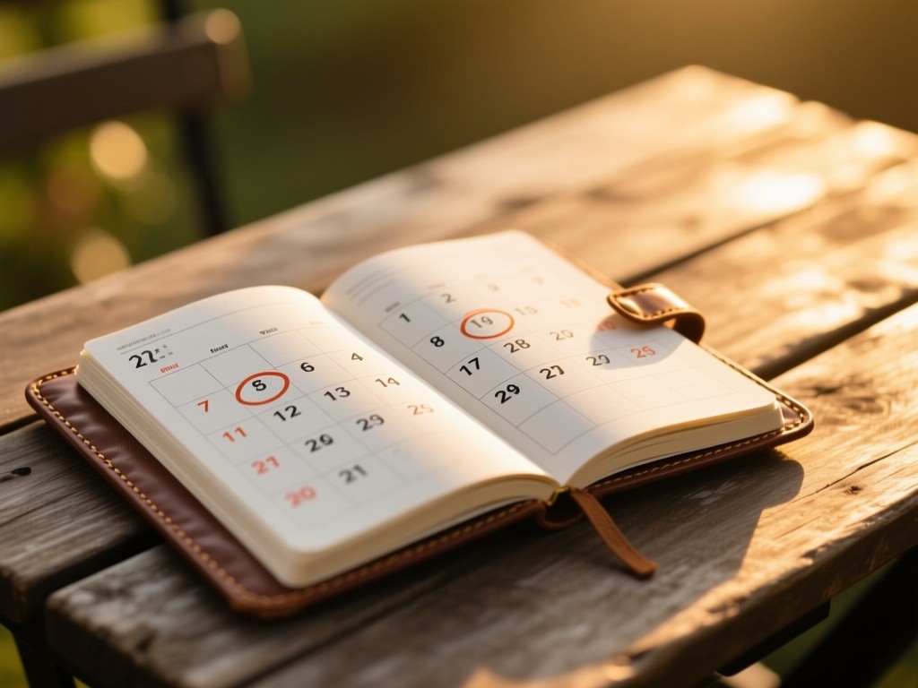 An open leather-bound notebook on a rustic table during golden hour, showing a calendar with circled dates, soft sunlight, shallow focus, warm tones, no text visible.