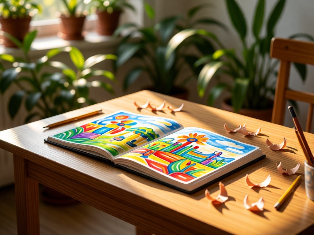 A simple wooden desk displaying open sketchbooks with vibrant art. Afternoon sun illuminates pencil shavings. Blurred plants in background. No people.
