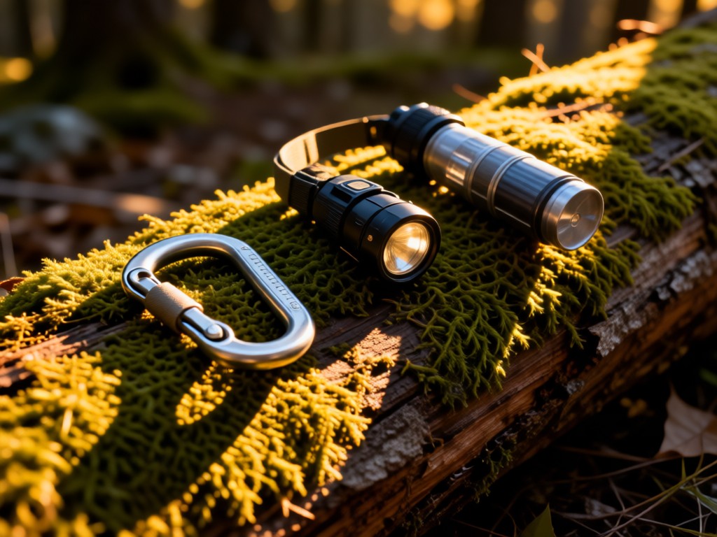 Curated outdoor gear laid out on a mossy log: climbing carabiner, headlamp, water filter. Golden hour backlighting creates long shadows. Tactical yet inviting composition. No people.