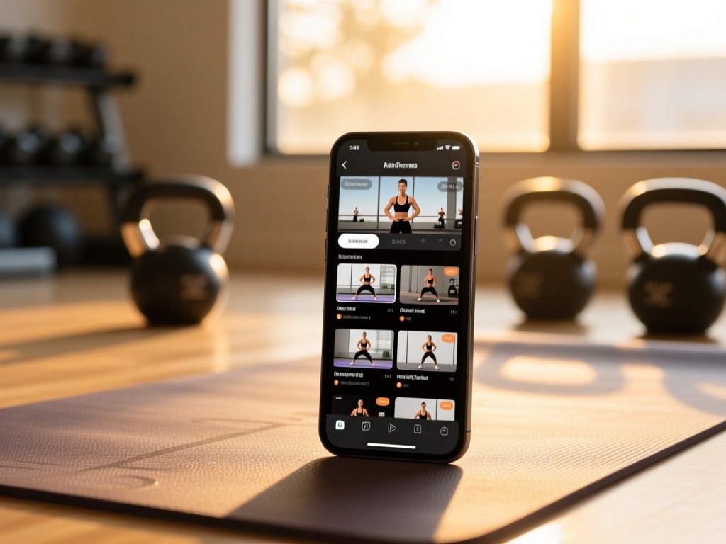 A smartphone on a yoga mat during golden hour, screen displaying organized workout videos, soft sunlight from a gym window, kettlebells blurred in background, minimalist composition.
