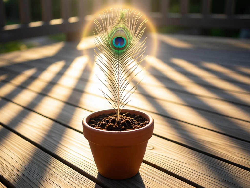 A single peacock feather standing upright in a terracotta pot filled with soil. Early morning backlight creates a glowing halo effect. Soft shadows stretch across wooden decking. No people.