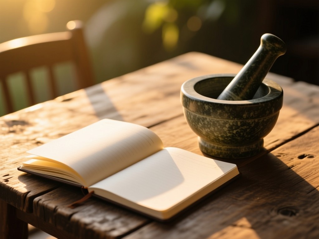 Open notebook beside a mortar and pestle on rustic table during golden hour, soft sunlight on empty pages, shallow focus, warm tones, no text visible.
