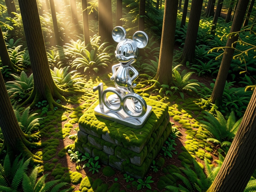 Aerial view of a single pristine Disney100 platinum statue centered on a mossy stone pedestal in a sun-dappled forest clearing. Symbolizes focus and treasure discovery in natural light. No people.