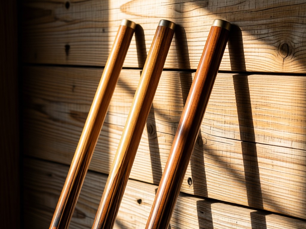 Three pool cues leaning against a rustic wood wall at different angles. Sunlight highlights unique wood grains and joint details. No people.