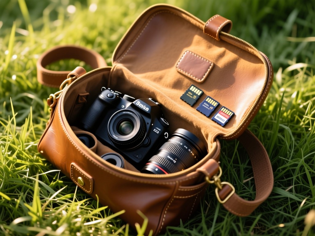 Aerial view of an open leather camera bag on meadow grass. Inside: neatly arranged camera body, two prime lenses, and memory cards. Golden light symbolizes having essential tools in one place. No people.
