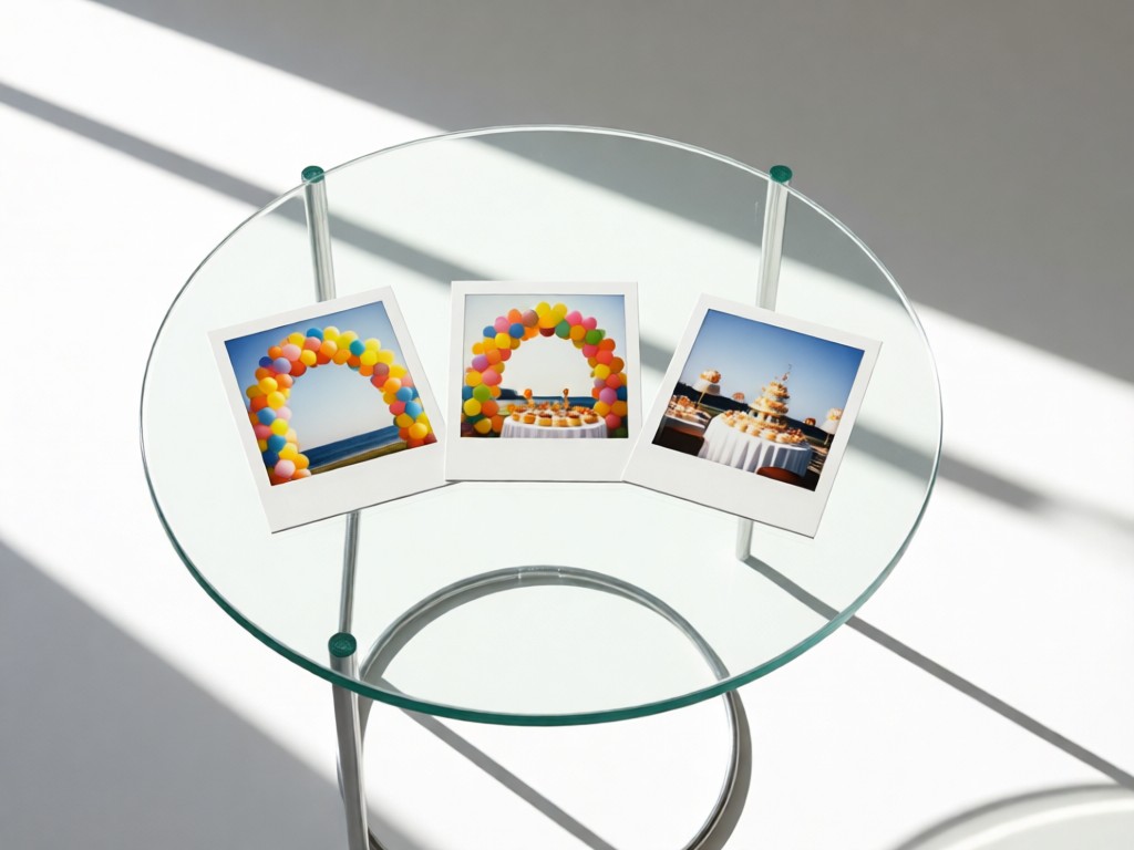 A minimalist glass table displaying three polaroid photos of balloon arches and dessert tables. Afternoon sun creates soft shadows. Clean white background. No people.