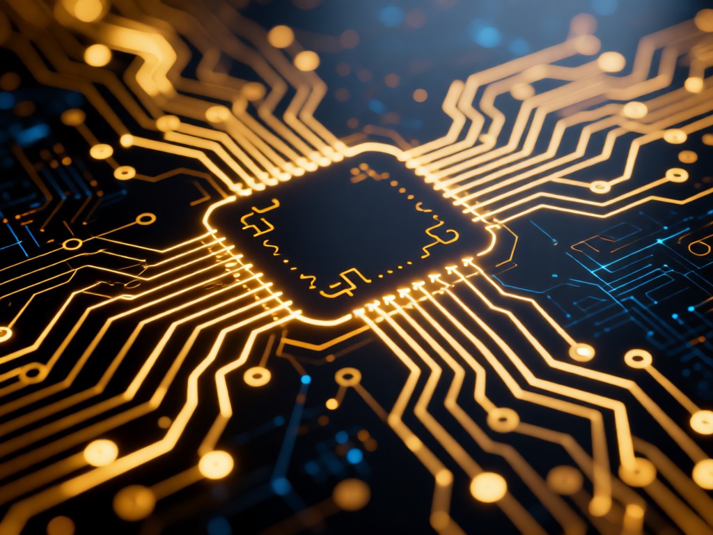 Aerial shot of abstract circuit patterns etched in golden light on a dark surface. Glowing connections symbolize technical skill networks with soft bokeh effects. Clean, modern composition. No people.