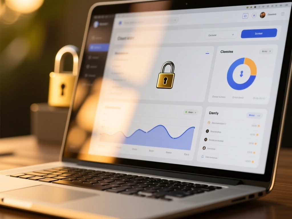 A close-up of a modern laptop showing a clean client dashboard interface. Golden hour light reflects on the screen, with a subtle padlock icon visible.