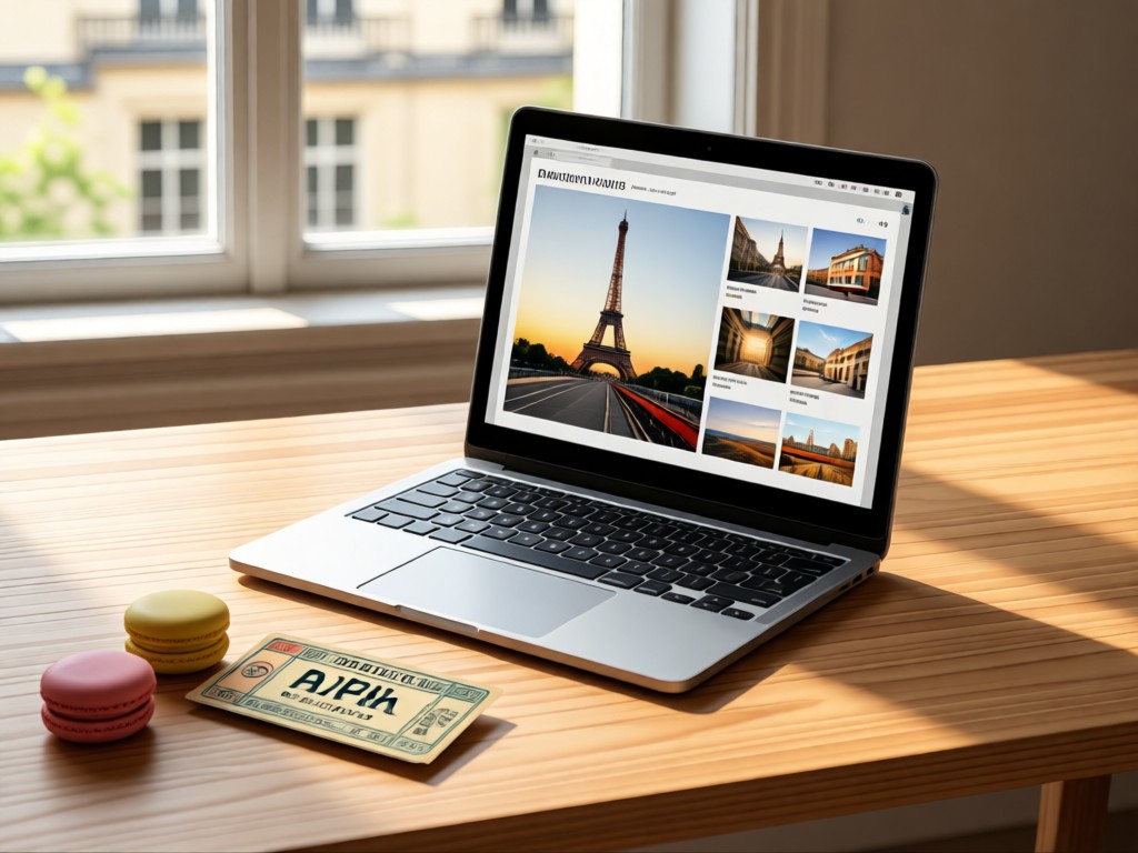 Minimalist desk with open laptop showing Paris-themed portfolio. Vintage metro ticket and macaron beside it. Soft window light on wooden surface. No people.