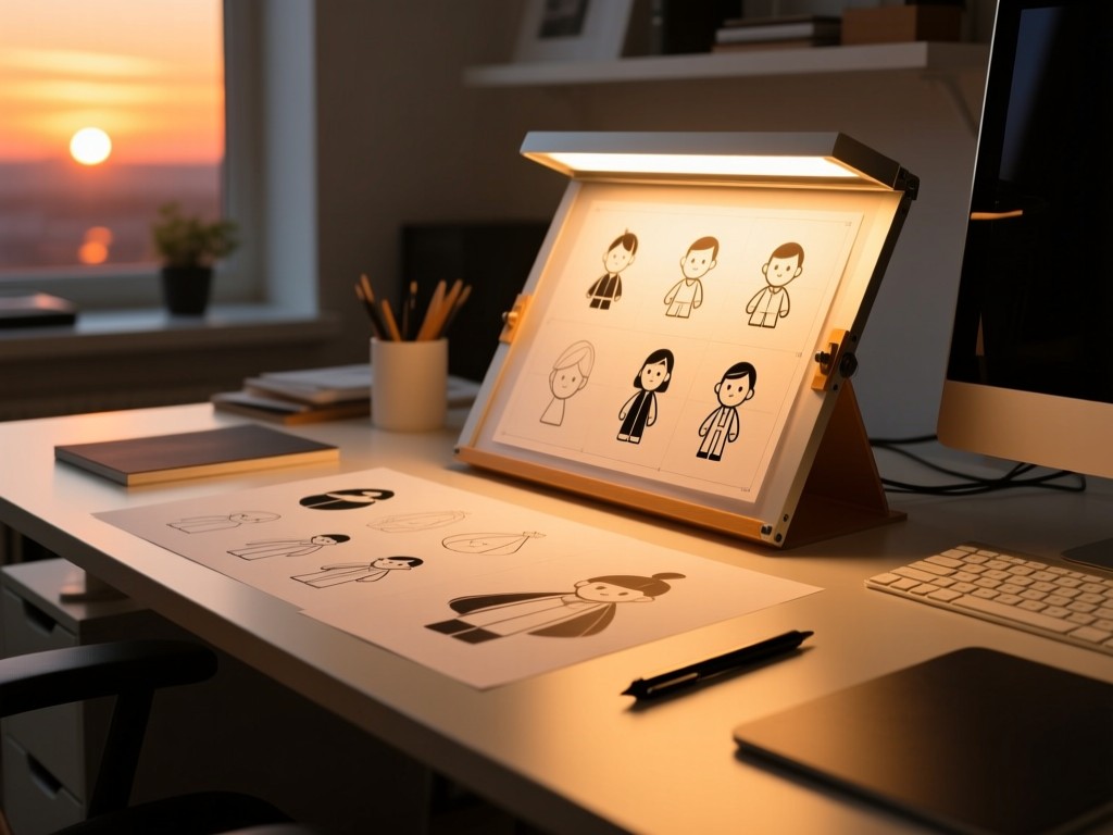 A professional lightbox on a designer's desk during sunset, showcasing polished character design sheets, warm amber glow, minimalist workspace with a stylus nearby, shallow focus.