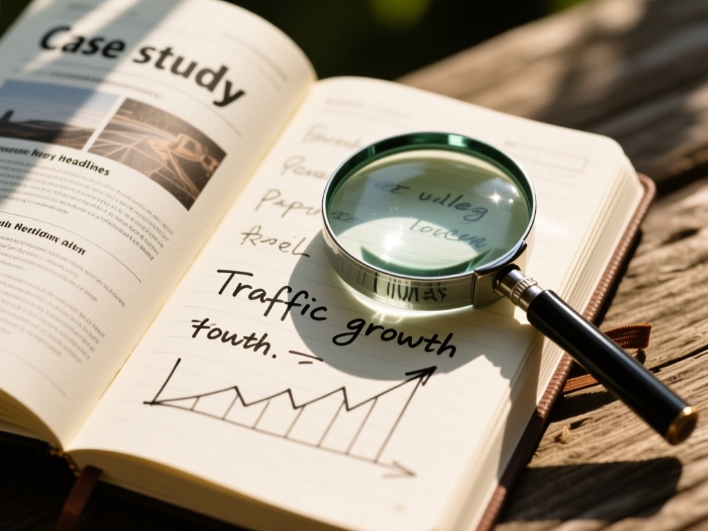 An open notebook showing case study headlines beside a magnifying glass. Sunlight highlights handwritten notes about traffic growth. Natural textures. No people.