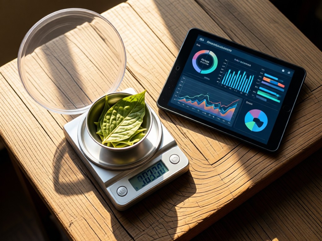 Aerial view of a precise lab scale holding tobacco leaves beside a digital tablet showing analytics. Sunlight highlights natural textures on a rustic wooden table. Symbolizes balance and precision. No people.
