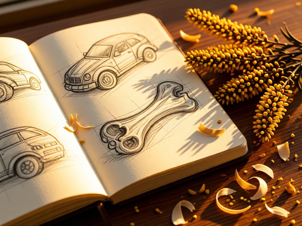 An open notebook with sketches of bone carvings beside dried manuka flowers. Pencil shavings scatter in golden hour light. No people.