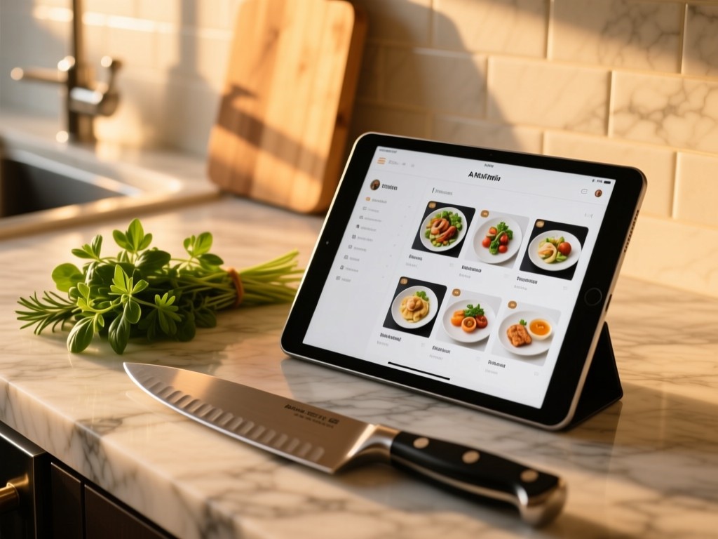 A chef's knife and fresh herbs on a marble counter during golden hour, tablet screen showing an organized food portfolio, soft natural lighting, shallow depth of field, warm tones, no people.