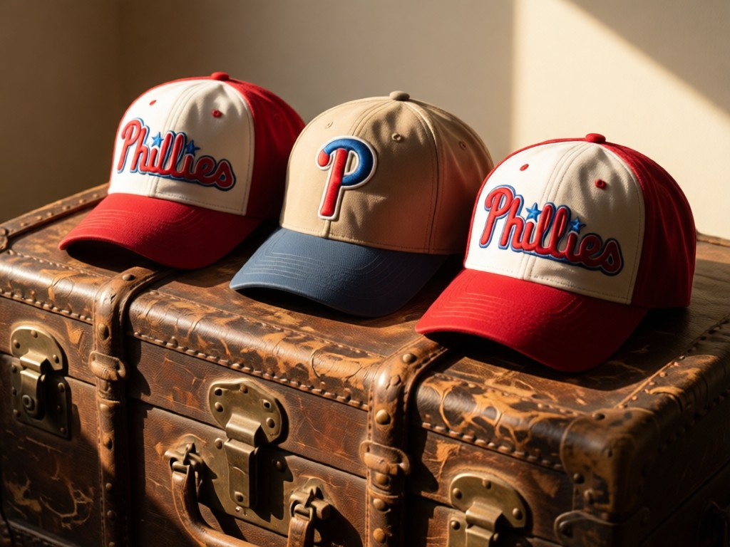 A curated arrangement of three Phillies caps on a distressed leather trunk. Morning light illuminates the embroidered logos and fabric textures. No people.