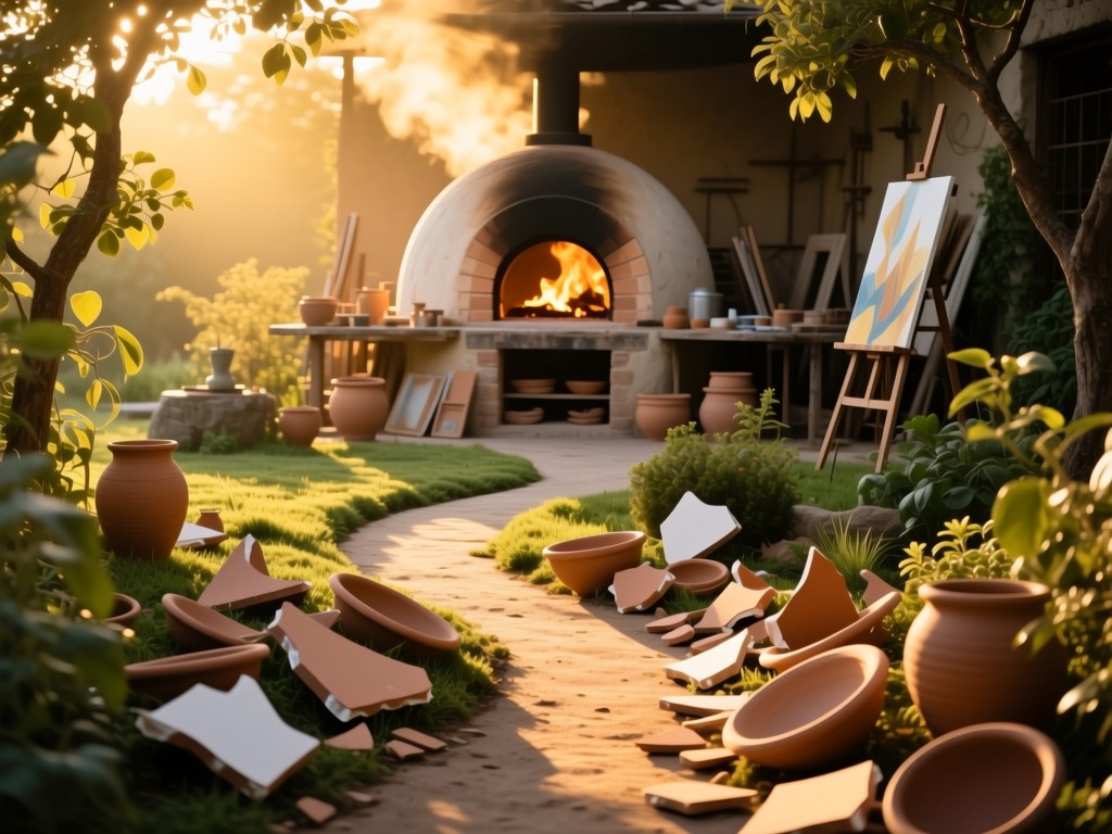 A winding path through sun-drenched pottery shards in a studio garden, leading to a kiln, golden hour glow, symbolic of artistic discovery, soft shadows, no text.