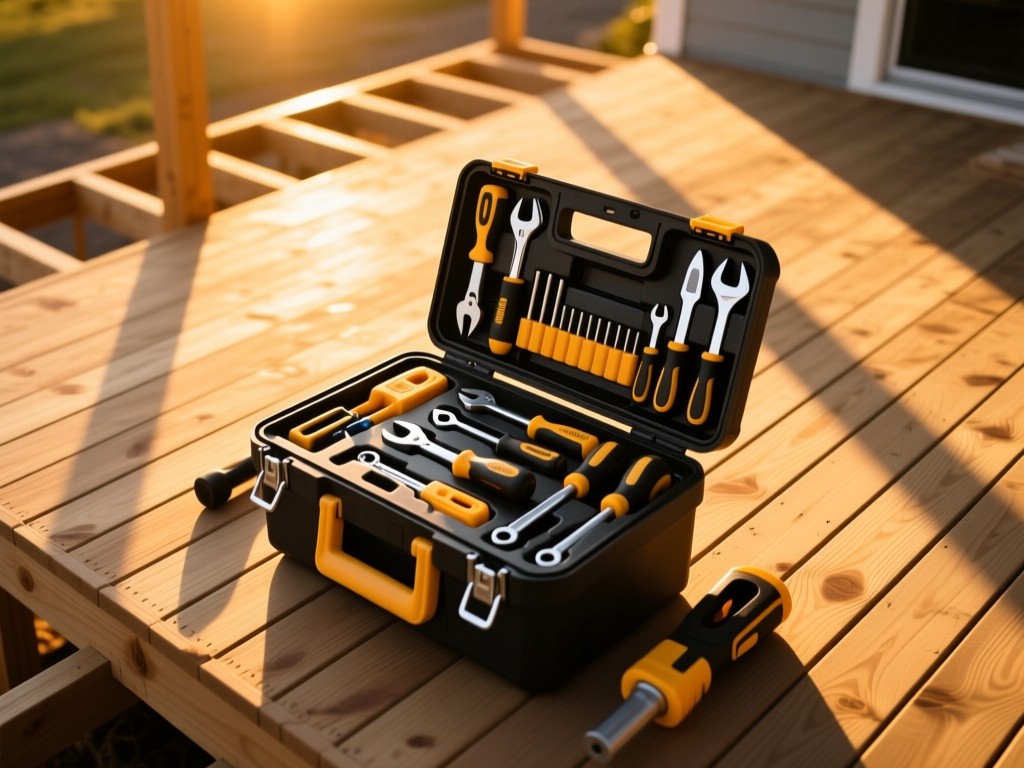 Aerial view of a perfect toolbox with organized tools against unfinished decking. Golden sunset light creates long shadows. Symbolizes preparedness and professionalism. No people.