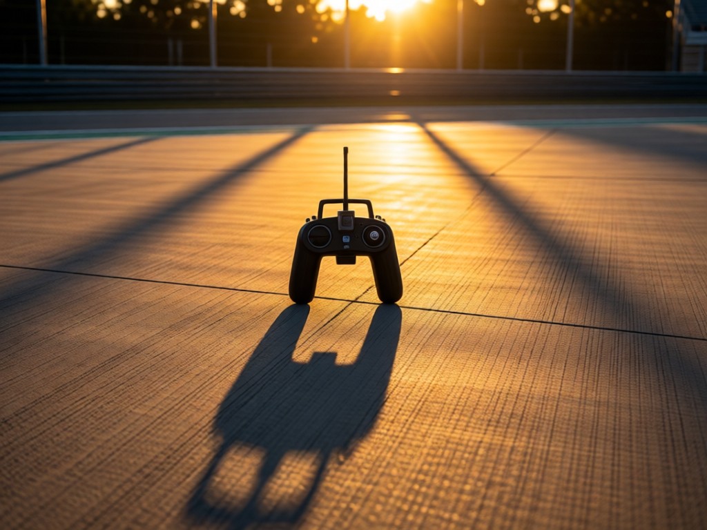 A single RC transmitter centered in an empty racetrack pit area at sunset. Long shadows stretch across concrete. Symbolizes control and focus. Golden light. No people.