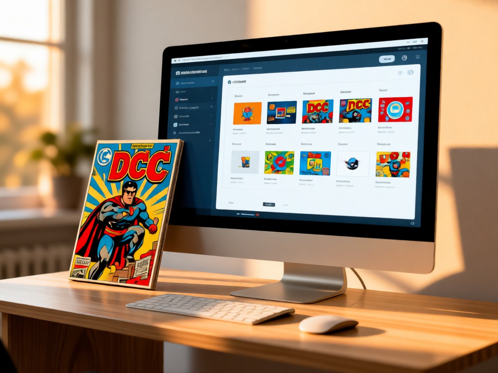 Minimalist desk setup showing a clean interface linking comic platforms. A vintage DC comic book leans against a monitor. Soft focus background. Warm afternoon light. No people.