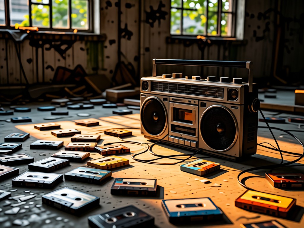 Cassette tapes scattered on a concrete floor with one playing in a boombox. Sunset light hits the tape reels. Urban decay background. No people.