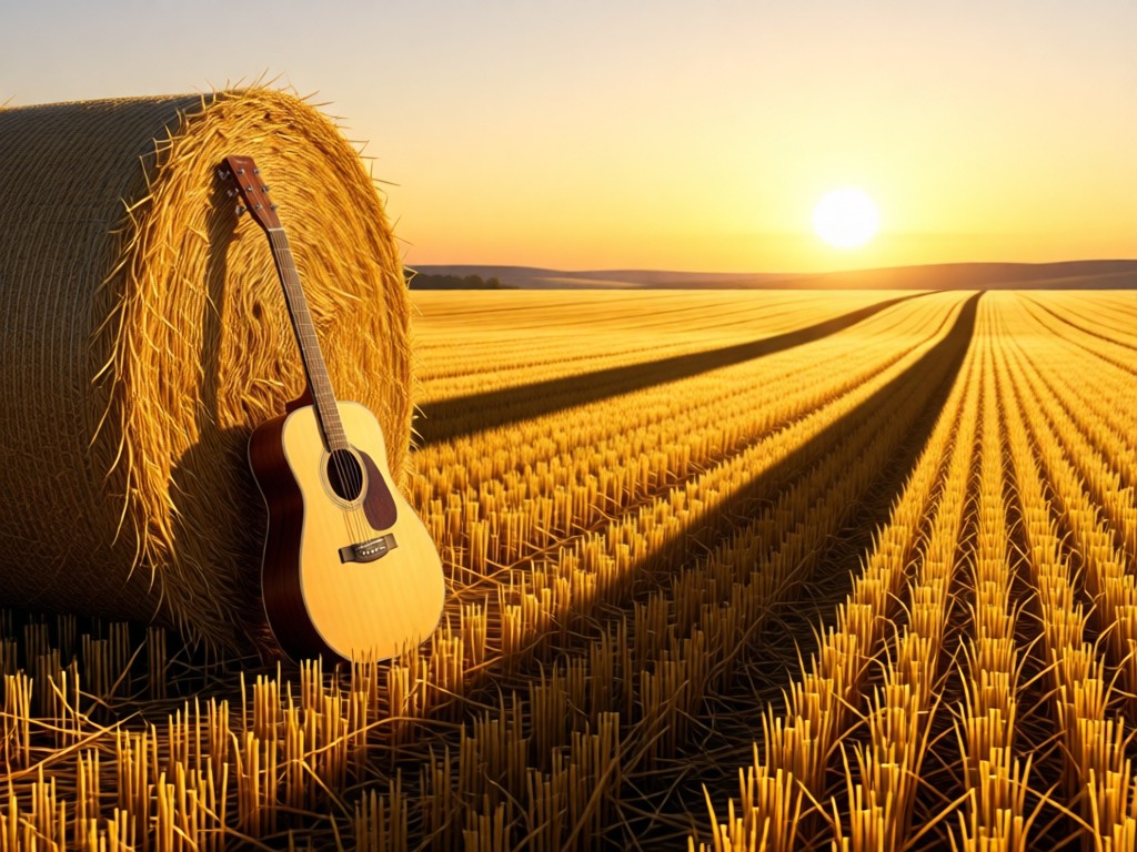 A single acoustic guitar leaning against a hay bale in a golden wheat field at sunset. Long shadows stretch across the landscape. Symbolizes roots meeting innovation in wide-open spaces. No people.