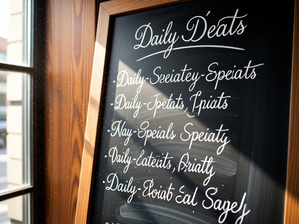 Close-up of a chalkboard menu with elegant handwritten daily specials. Natural light from nearby window illuminates dust particles. Warm wood texture background. No people.