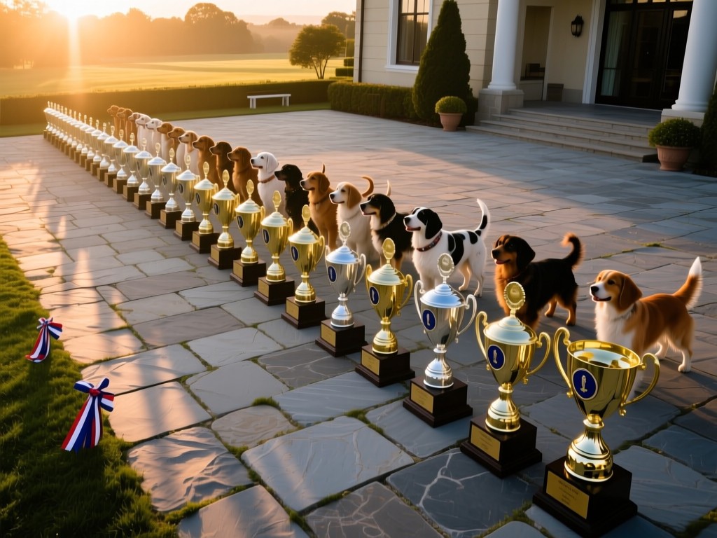 An aerial view of a perfectly aligned row of dog show trophies on a stone patio at sunrise. Each trophy catches the morning light differently. Symbolizes achievement and organization. No people.