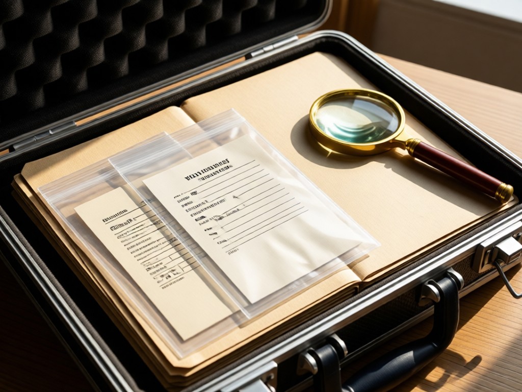 An open case file with clear plastic evidence bags containing mock documents. Natural light highlights the textures. A magnifying glass rests beside it. No people.