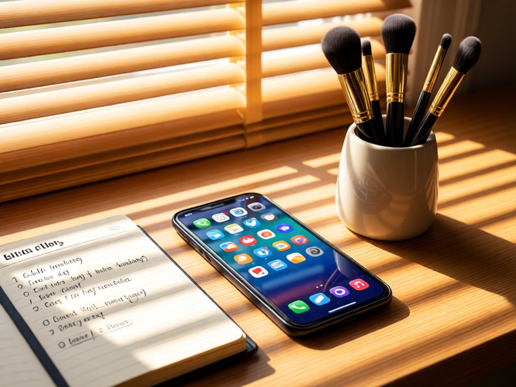 A stylish mobile phone displaying social icons beside a notebook with client notes. Makeup brushes stand in a ceramic holder. Warm sunlight creates depth through window blinds. No people.