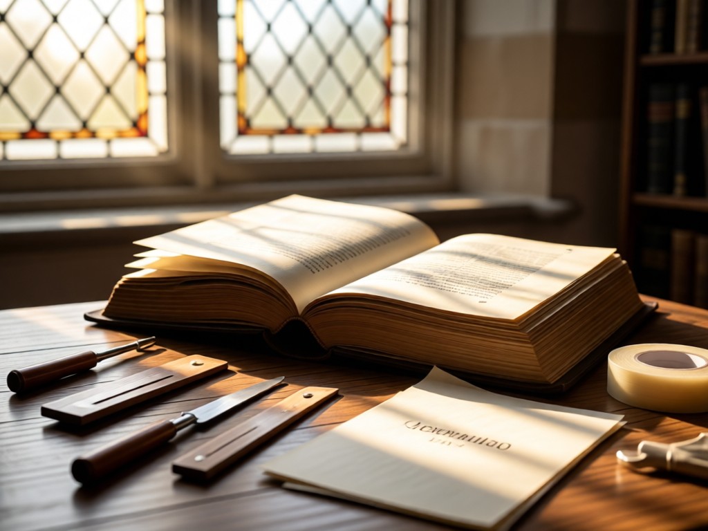A conservationist's toolkit: bone folder, archival tape, and pH-neutral paper beside a 17th-century folio. Morning light through leaded glass windows. Soft focus on delicate page edges. No people.