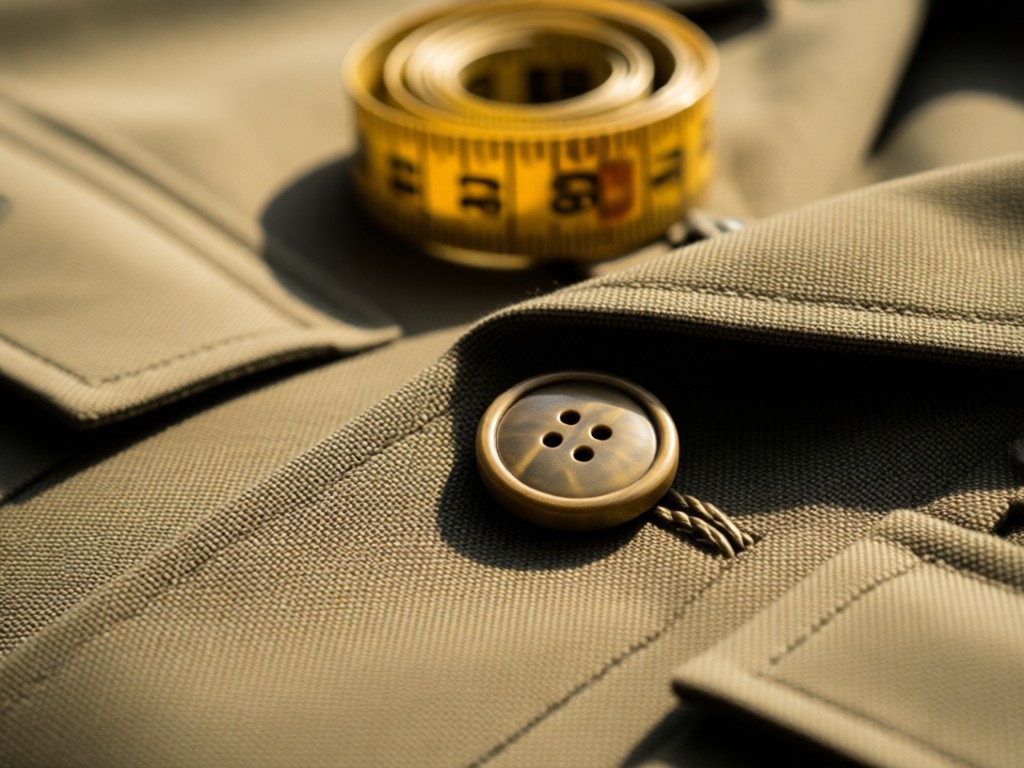 Detail shot of uniform buttons and reinforced stitching. Soft focus on a measuring tape in the background. Afternoon sun creates depth. Earthy colors. No people.