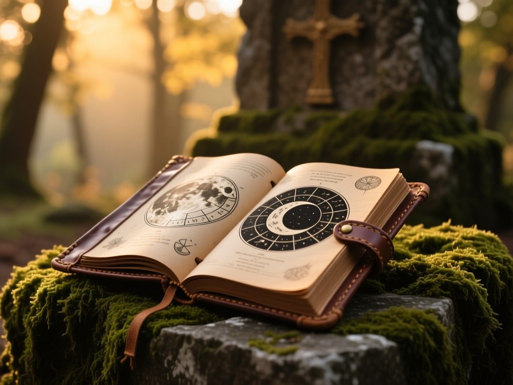 An antique leather journal open on a mossy stone altar during golden hour, revealing intricate moon phase illustrations, soft light filtering through trees, shallow depth of field, warm earthy tones, no text.