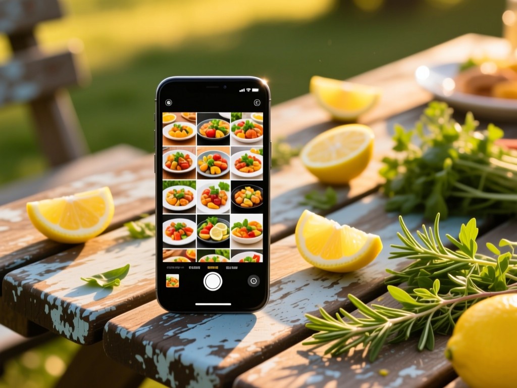 A smartphone displaying a grid of vibrant food photos on a weathered picnic table. Lemon slices and fresh herbs scattered nearby. Golden hour lighting. No people.