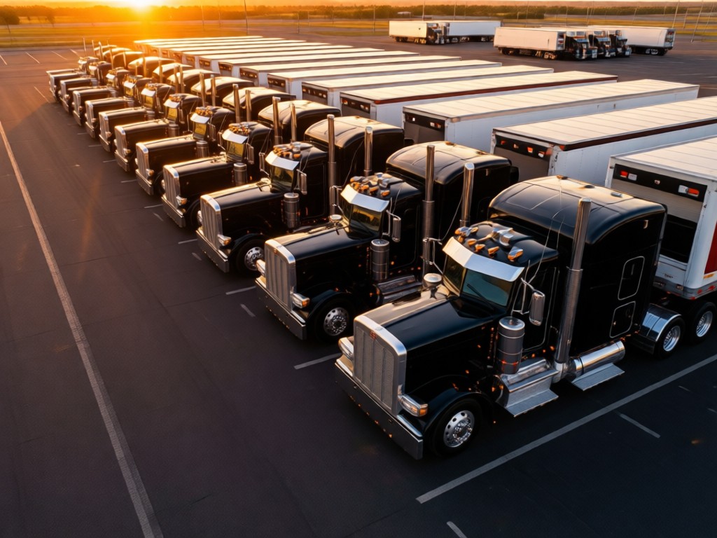 Aerial shot of Peterbilt trucks parked in formation at sunset. Warm light highlights chrome accents against asphalt. Clean composition. No people.