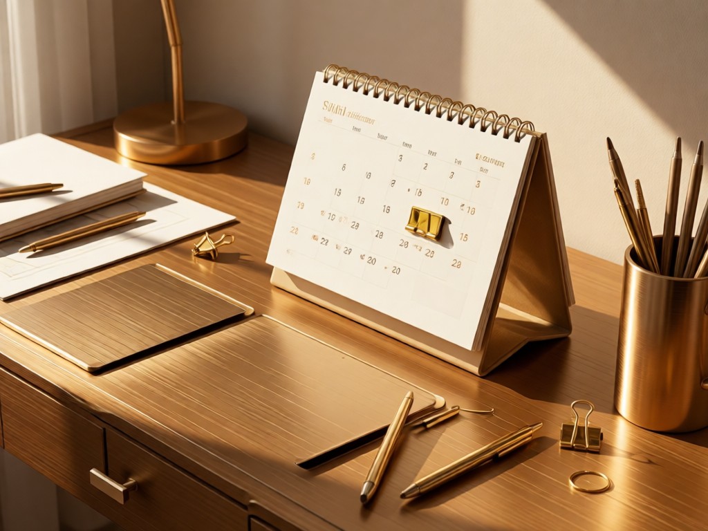 Stylish desk calendar with gold paperclip marking a date. Warm sunlight across brushed metal desk accessories. No people.