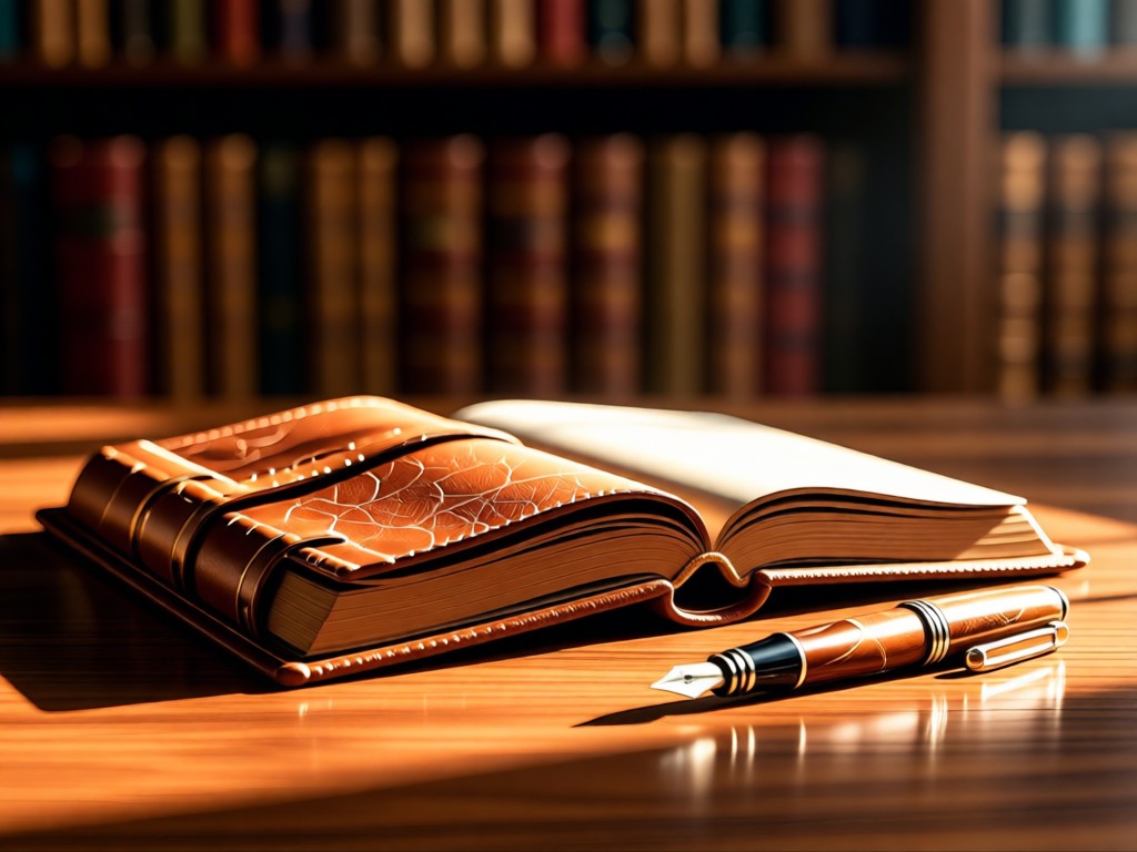 A leather-bound ledger book open beside a vintage fountain pen on a wooden desk. Sunlight highlights texture. Blurred background suggests shelves. No people.