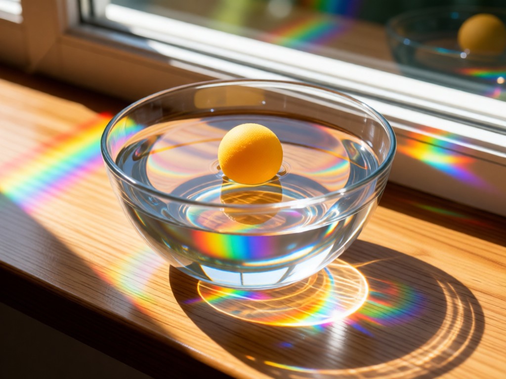 A single ping pong ball floating in a glass bowl of water on a sunlit windowsill. Refractions create rainbow patterns on wooden surfaces. Symbolizes clarity and focus. No people.