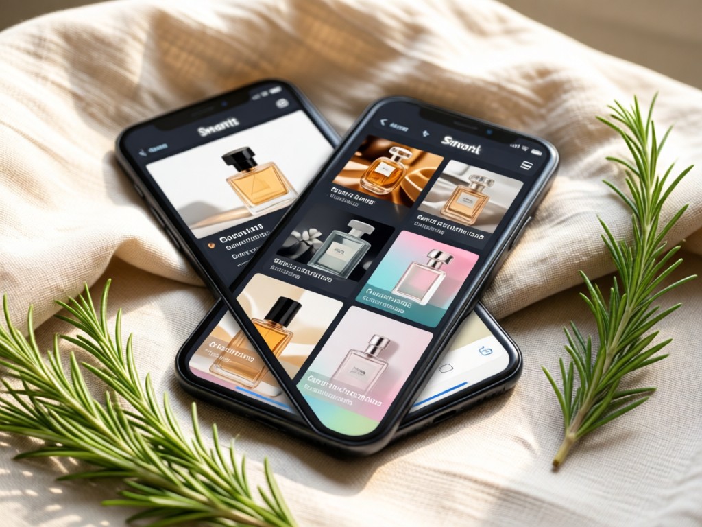 Smartphone showing perfume portfolio with clickable links, resting on linen cloth with rosemary sprigs. Soft daylight focus. No people.