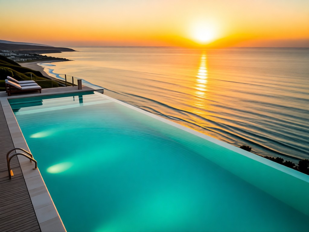 Aerial view of a perfectly maintained infinity pool blending into ocean horizon at sunset. Symbolizes clarity and professionalism. Golden hour light creates warm turquoise tones. No people or structures.