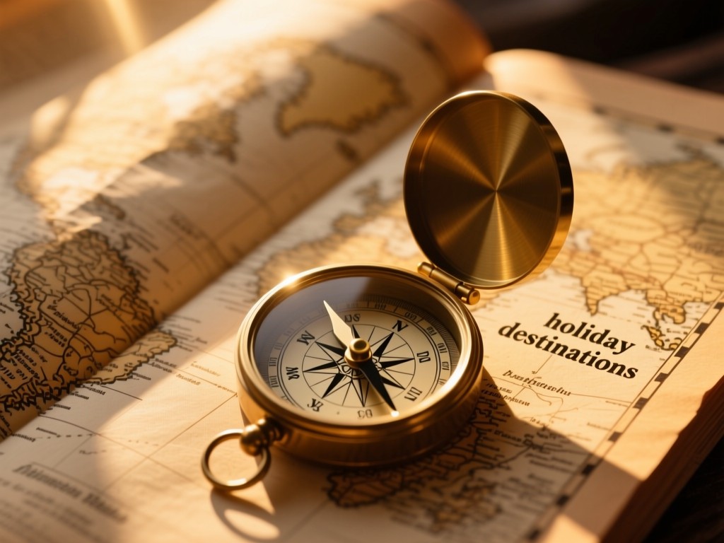 A compass resting on an unfolded vintage map in golden hour light, sunbeam highlighting 'holiday destinations', warm earthy tones, soft shadows, shallow depth of field, no text visible.