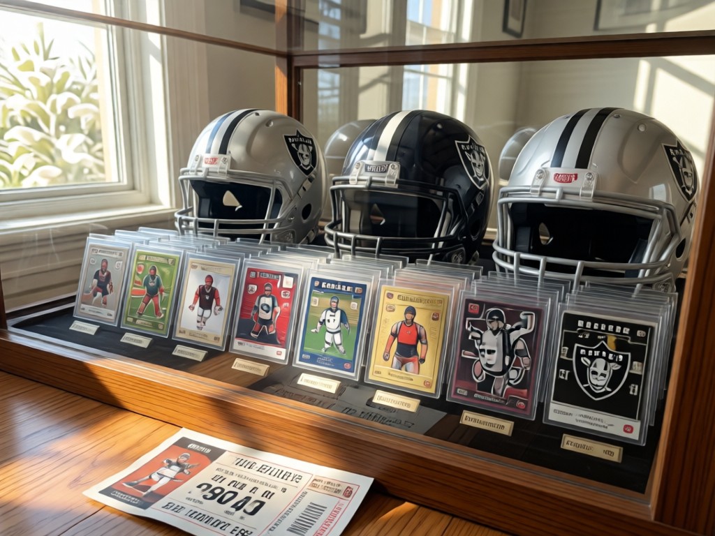 A carefully arranged display case showing Raiders trading cards and mini-helmets. Natural light highlights the textures, with a faded game ticket visible in the foreground. No people.